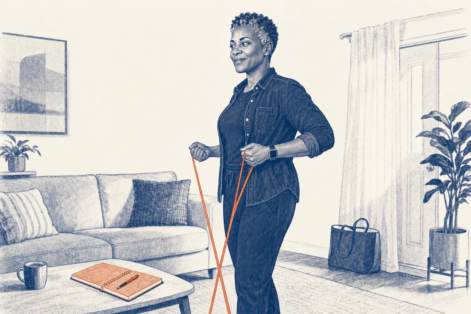 Denise doing a band row in her living room at dawn, smiling, her notebook on the coffee table.