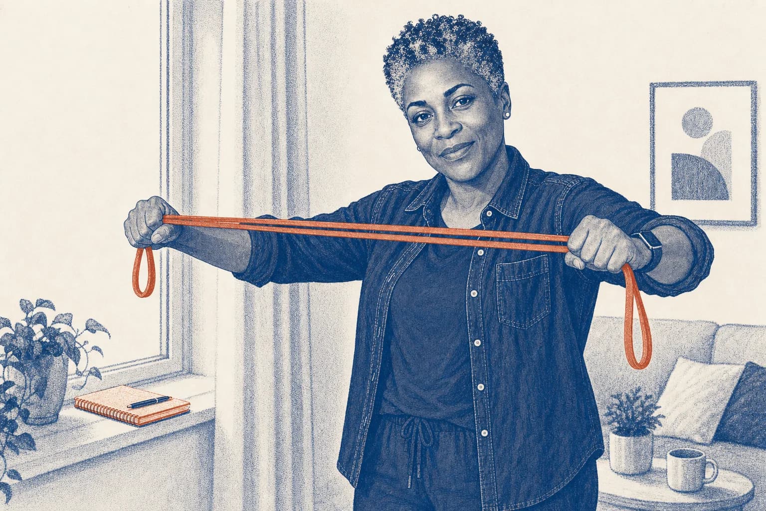 Denise doing band pull-aparts by the window in the morning.