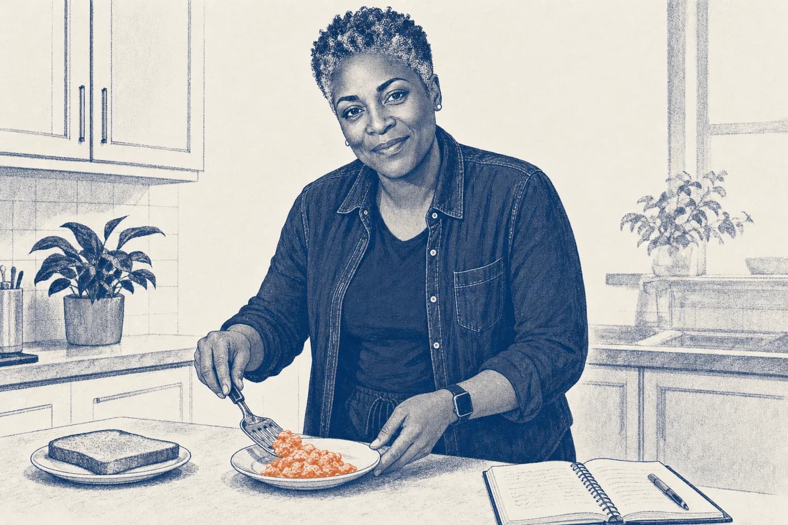 Denise putting eggs on a small plate first, toast to the side.