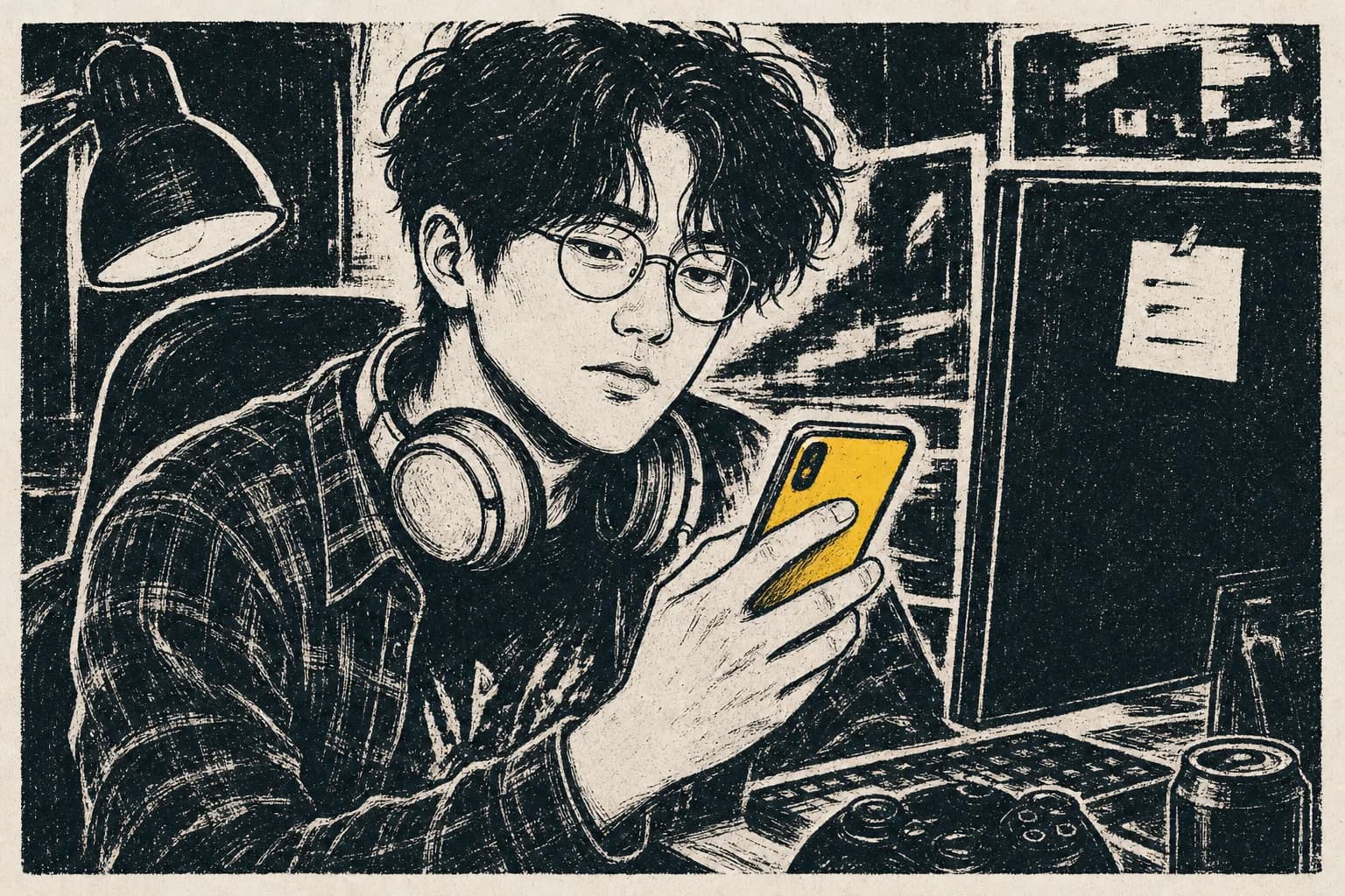 Devin reading a match's profile on his phone at his desk, thinking.