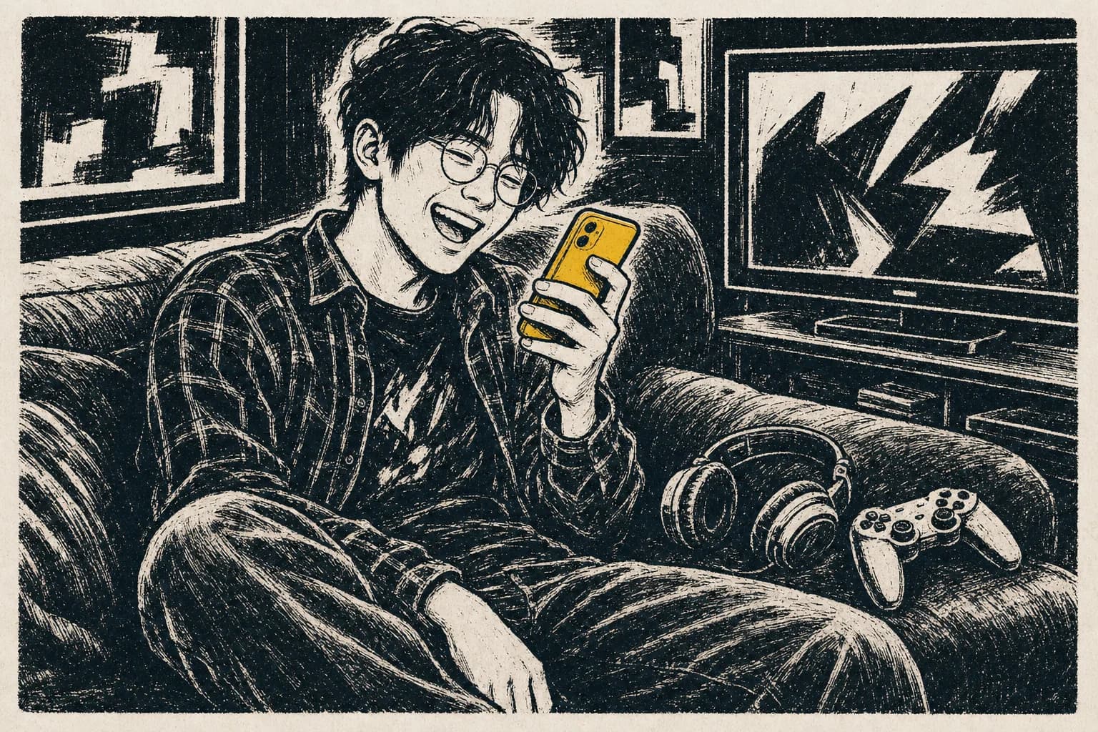 Devin laughing at a reply on his couch, a controller beside him.