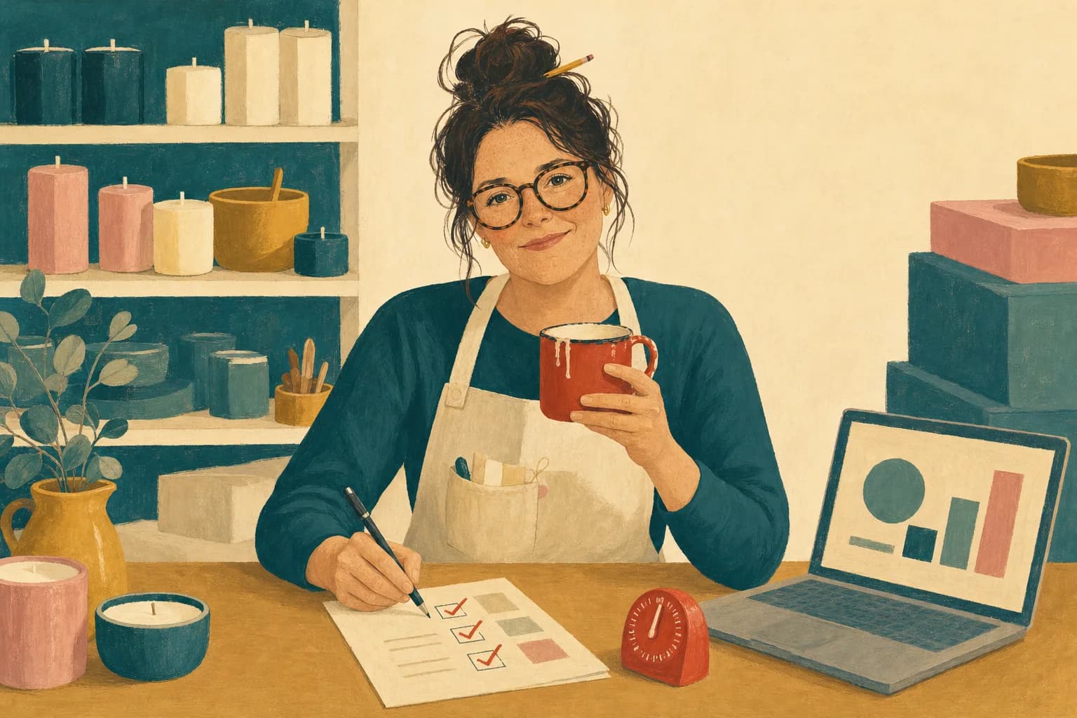 Kara on Monday morning with coffee, ticking a printed sheet, a kitchen timer beside her.