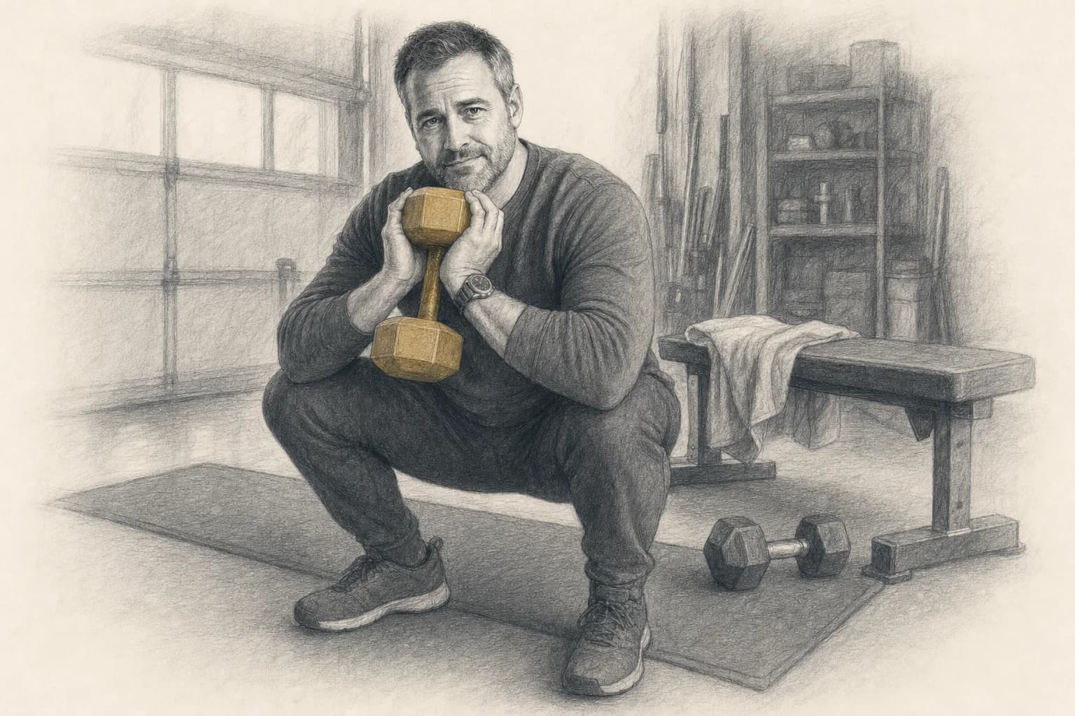 Dave doing a dumbbell squat in his garage with a timer running on the wall.
