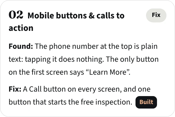 Audit check 02, mobile buttons: what was found on the site, the fix, and that the fix is built.