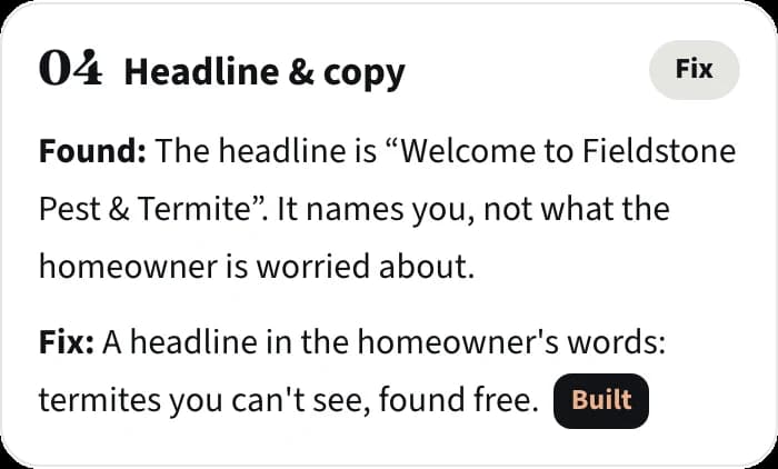 Audit check 04, the headline: it named the company, not the worry; the fix uses the homeowner's words.