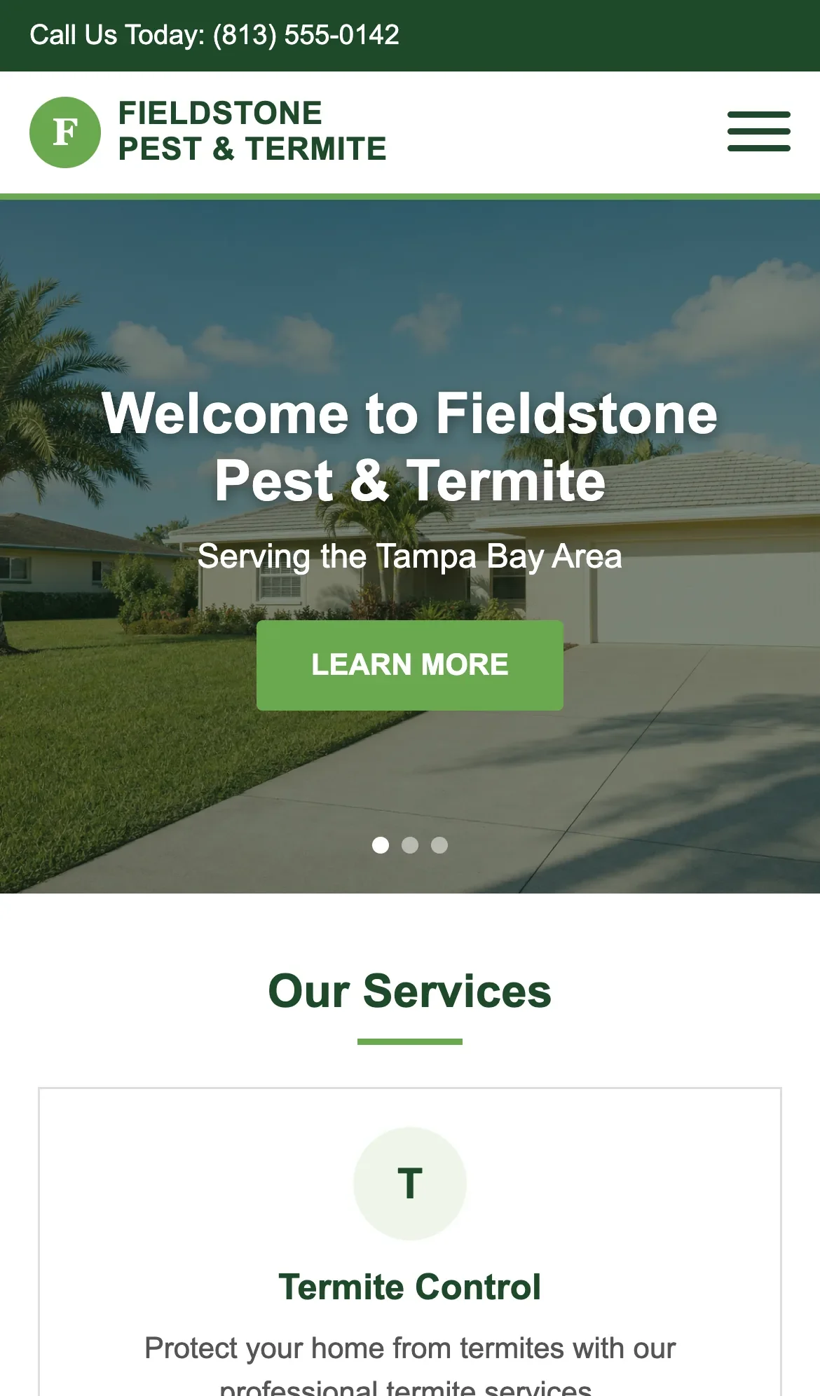 Fieldstone's current site on a phone (a mock made for the demo), with the audit's pins on what to fix.