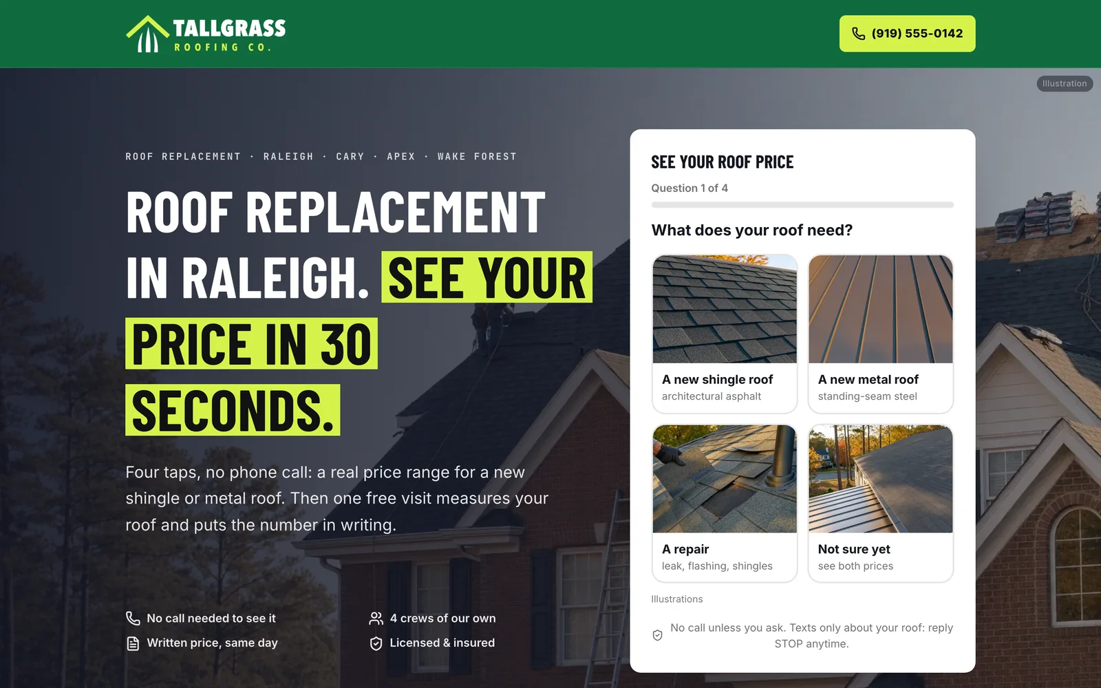 Tallgrass Roofing, a made-up business: the funnel's first screen on a computer.