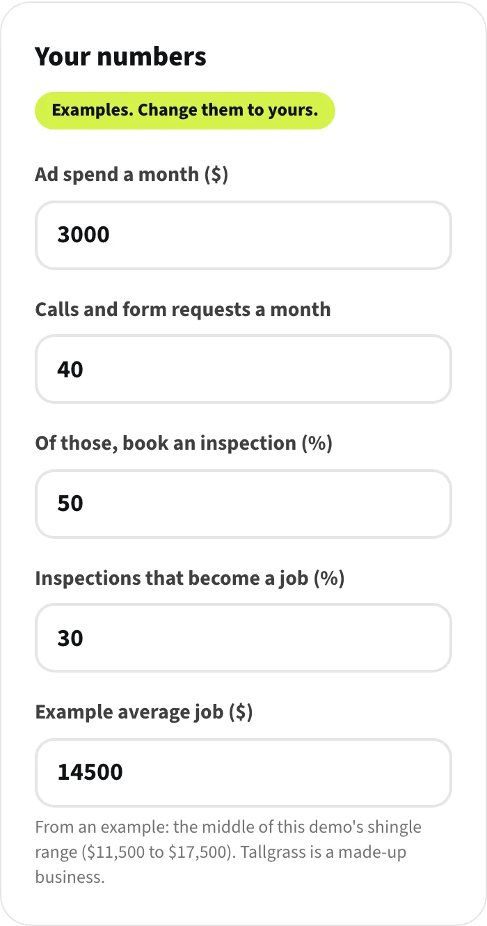 The proposal estimator: example numbers the owner replaces with their own.