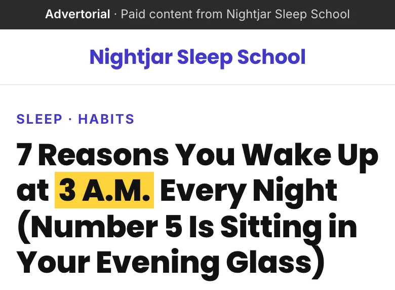 The top of the Nightjar Sleep School article in the DTC look: the Advertorial bar, the brand, and the headline with 3 A.M. highlighted.