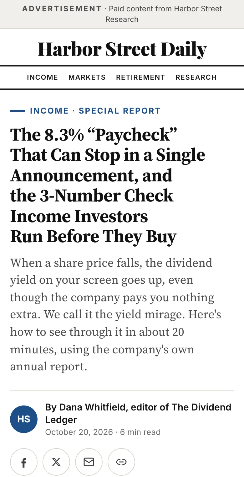 The first screen of the Harbor Street Research article on a phone: the Advertisement label, the Harbor Street Daily masthead, the headline about an 8.3% paycheck and the editor's byline.
