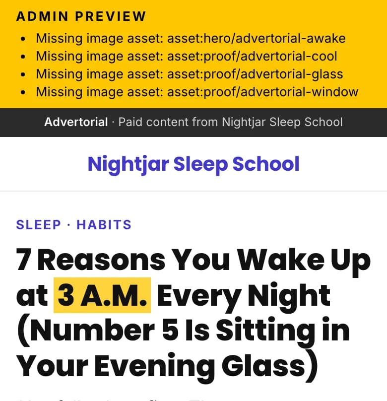 The Nightjar article in preview, in the DTC look: a yellow bar lists the four photos it references and can't find yet.