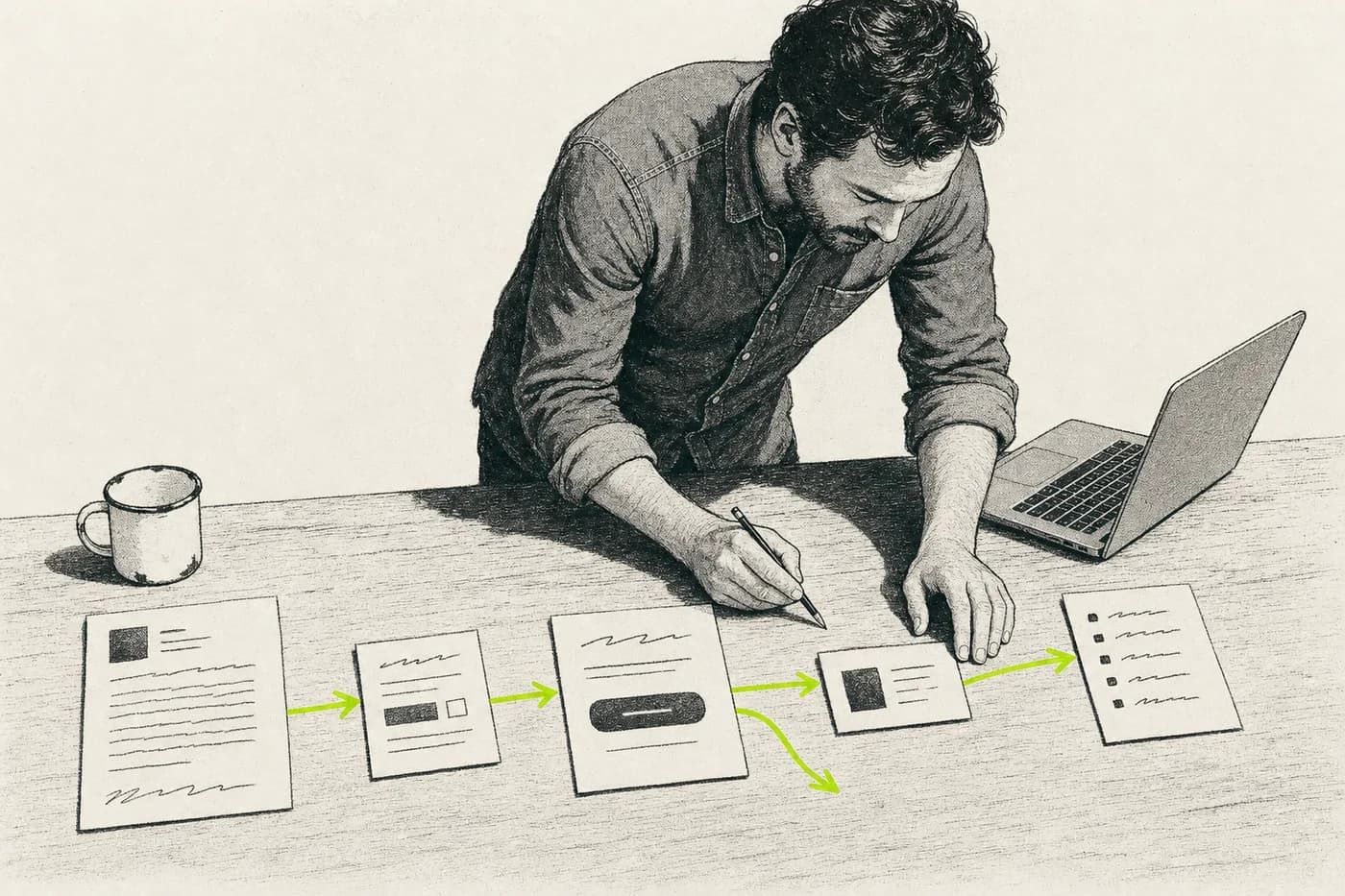Illustration: the man drawing arrows between five sheets laid out on his desk, from a long letter to a checklist, with one arrow branching off.