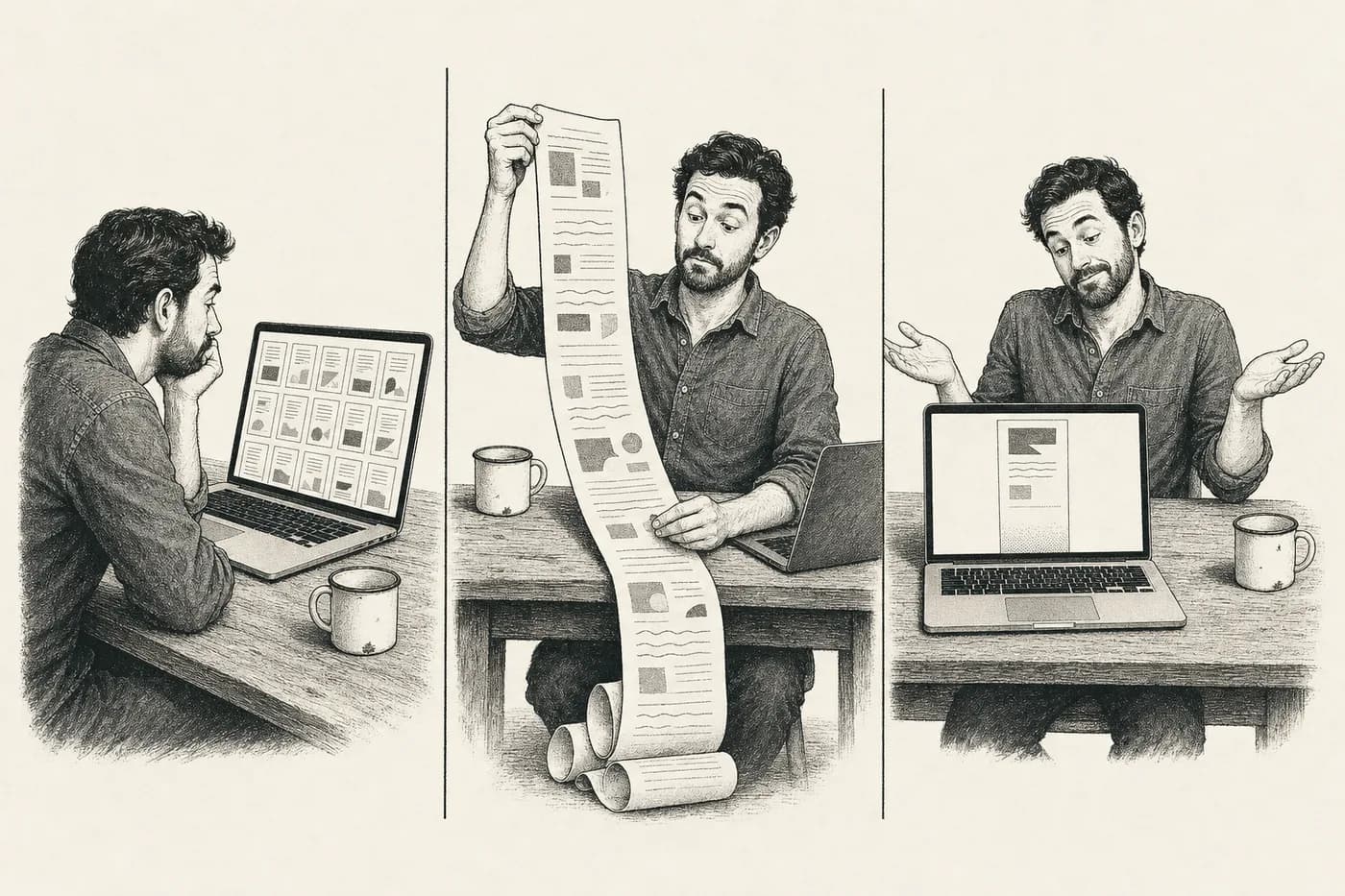 Illustration in three panels: the same man bored by a grid of page templates, holding up a quote that unrolls to the floor, and shrugging at a laptop with one short page.